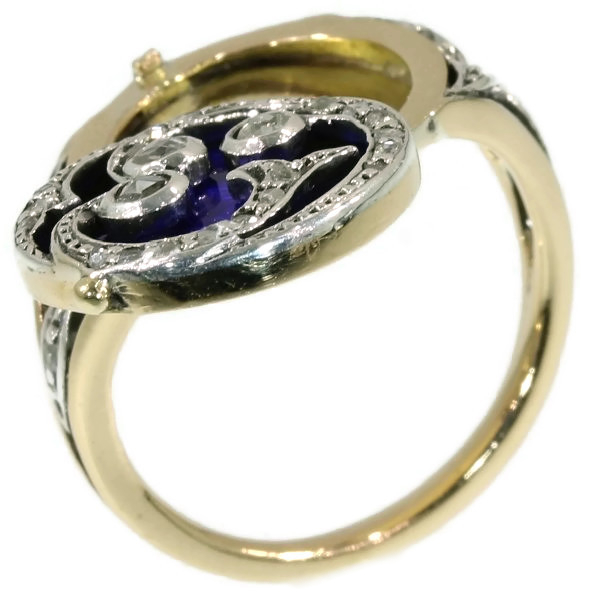 Victorian poison ring with blue enamel and rose cut diamonds with hidden place (image 12 of 18)